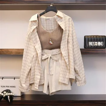 

summer women 3 piece set casual linene plaid tops shorts suit elastic waist wide legs short suit women's set vintage D853