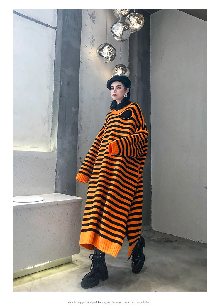 SuperAen Long Pullovers Sweater Female New Autumn and Winter Style Loose Pluz Size Striped Hole Ladies Sweater