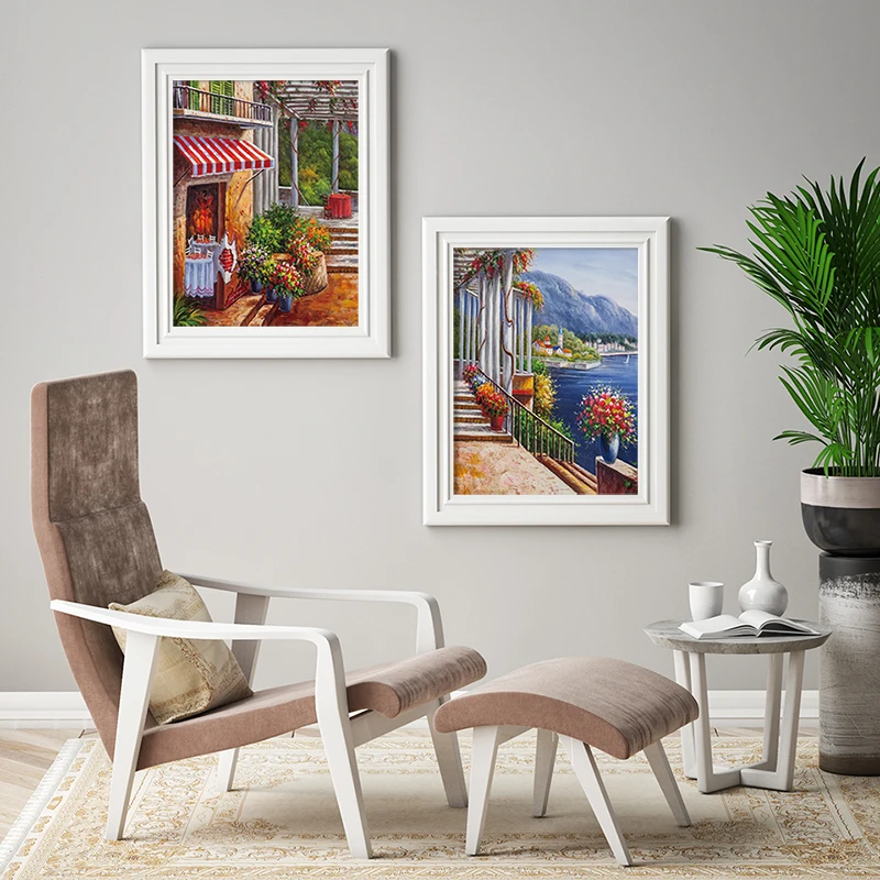 

Scandinavian Seaside House Art Poster Nordic Handmade Painting Colorful House Scenery Picture Wall Decorative Living Room