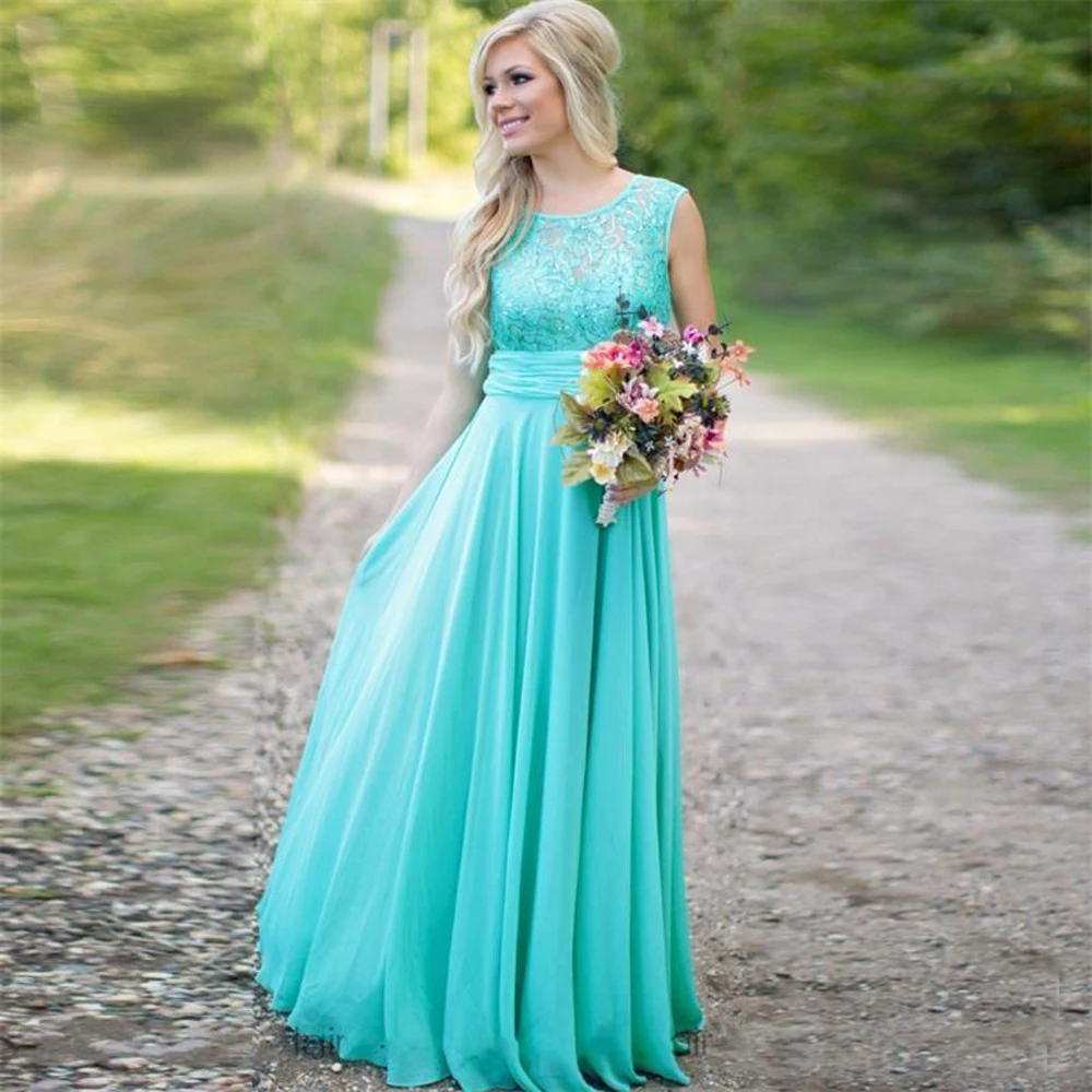 

Turquoise Country Bohemian Lace Bridesmaid Dresses Simple Long A Line Chiffon Wedding Guest Dress Formal Party Gowns 2022