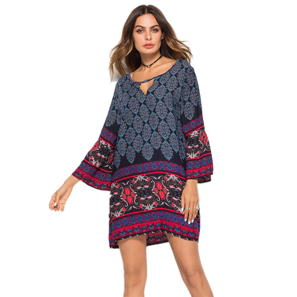 

2019 Newest Vintage Printed V-Neck Sexy Summer Beach Dress Bikini Cover-up Flare Sleeve Women Beachwear Swimsuit Cover Up Bikini