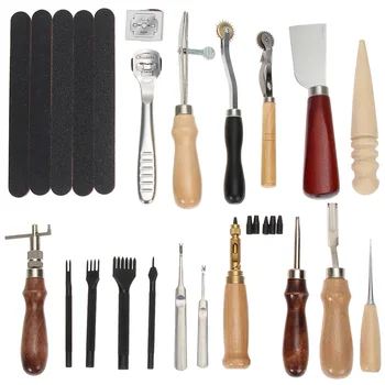 

Leather Craft Kit DIY Sewing Sewing Cutting Tools Manual Puncher Threaded Awl Wax Thimble Stamping Scraper Kit Leathercraft
