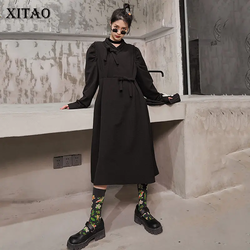 

XITAO 2020 Early Spring New French Style Women Dress Elegant Bow Plus Size Long Sleeve Dresses V Neck Fashion Vintage ZLL4736
