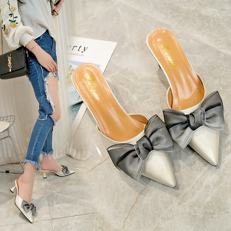 

Bow Sandals Women's Summer Outer Wear Pointed-Toe Semi-Slipper Fashion Semi-high Heeled Horseshoe Heel Slipper Versatile WOMEN'S