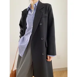 @ YYDS traje de Otoño de Color sólido para mujer, traje medio largo con doble botonadura, negro suelto, informal, coreano, Top
