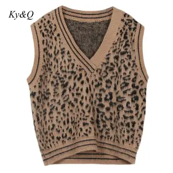 

Runway Designer 2019 Winter Christmas Leopard-print Loose V-neck Vintage Sweater Pullover Vest Sweater Tops Women Luxury Clothes