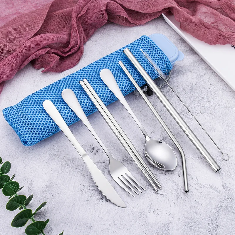 

Portable Stainless Steel Dinnerware Set Travel Camping Cutlery Set Reusable Spoon Fork Chopsticks Straw With Box Tableware Item