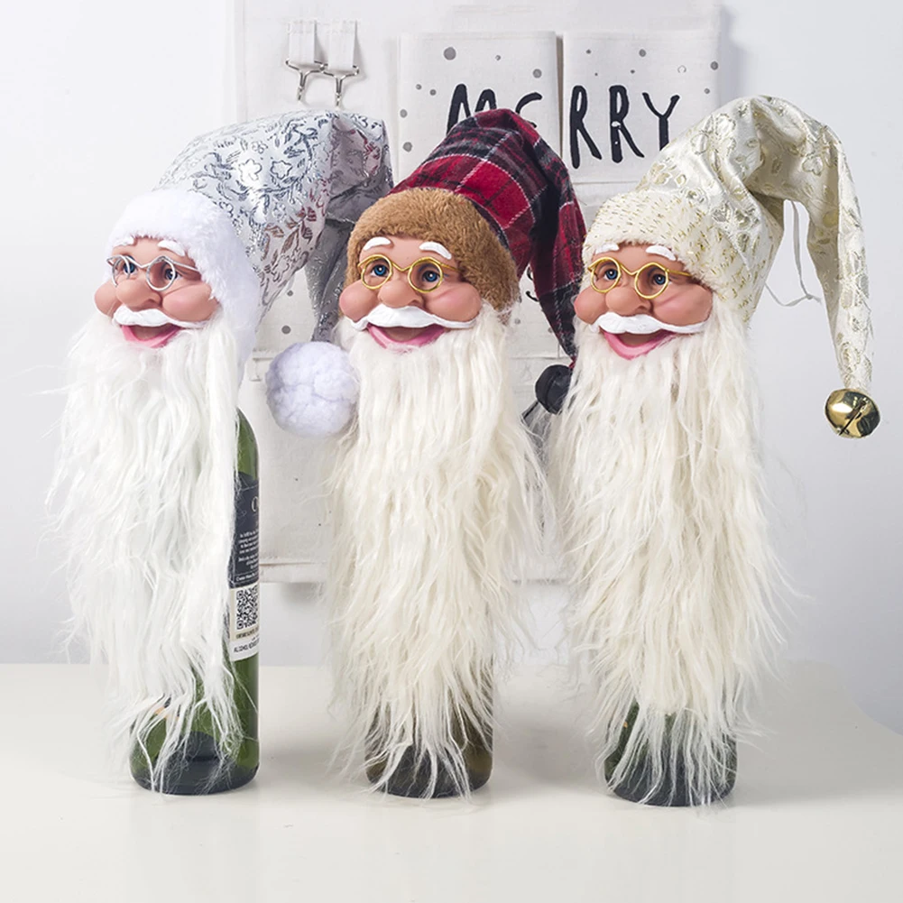 Creative White Beard Santa Claus Head Wine Bottle Decoration Cloth Table Topper Decor Accessories Christmas Tree Top Pendant