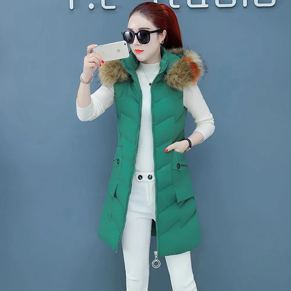 PinkyIsBlack женский жилет зимняя куртка карманное меховое пальто с капюшоном теплые хлопчатобумажные пуховики в повседневном стиле длинный жилет женский жилет без рукавов - Цвет: Зеленый