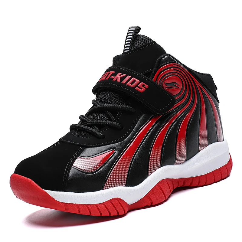Школьная обувь для мальчиков, высокие баскетбольные кроссовки для мальчиков, спортивное обучение дрессировщик, нескользящая спортивная обувь для баскетбола - Цвет: Black Red PU Leather