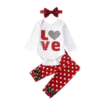 

Valentine's Day Infant Baby Girl Clothes Sets Letter Polka Dot Romper Tops Pants Headband Outfits Set