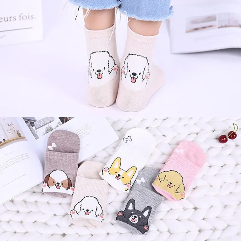 Новинка, 5 пар, свежий стиль, женские длинные носки, мультяшный щенок, чулочно-носочные изделия