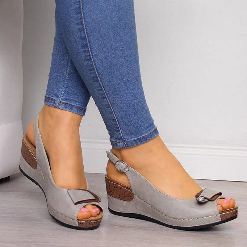 NRUTUP Women Ladies Fashion Solid Wedges Heel Buckle Strap Roman Shoes Sandals