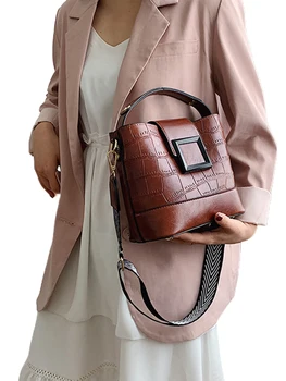 

AA New Women Fashion Zipper Portable Bucket Bag Stone Pattern PU Leather Shoulder Bag Handbag Adjustable Strap Crossbody Bag