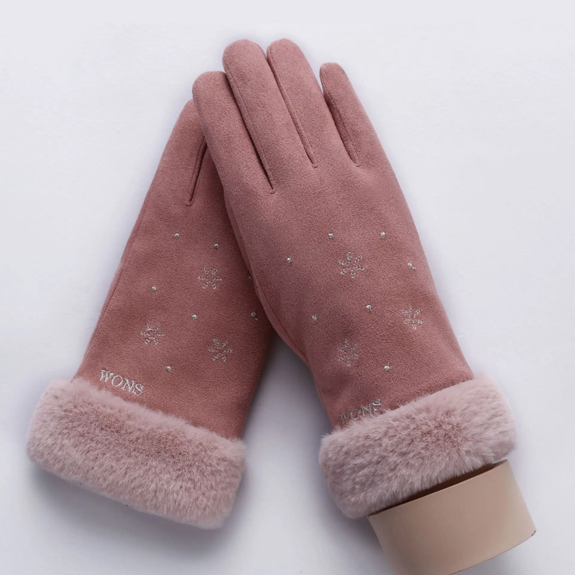 Sparsil женские замшевые перчатки с сенсорным экраном, зимние двухслойные меховые варежки, теплые модные перчатки с вышивкой в виде снежинки для улицы - Цвет: 081E-Hua-Skin PInk