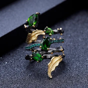 

Exaggerated Personality Tree Branch Black Gold Tungsten Rings for Women Purple Green Zircon Multi-layer Statement Wedding Rinsg