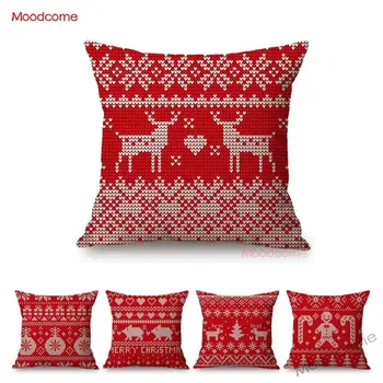 

Red Christmas Knitted Sweater Pattern Xmas Cross Stitches Design Home Decorative Pillow Case Cotton Linen Sofa Cushion Cover