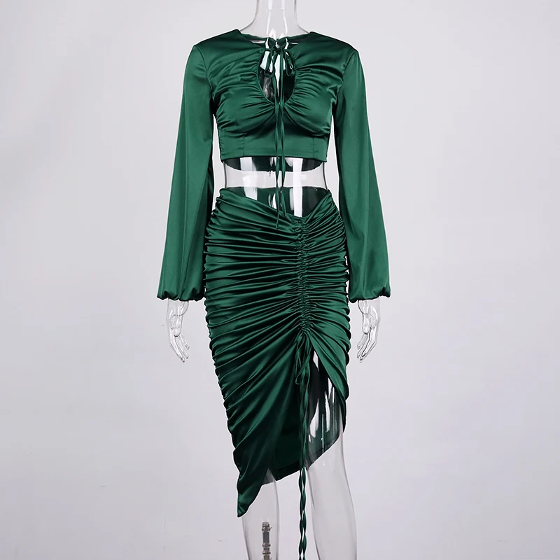 NewAsia Two Piece Skirt Set Lantern Sleeve V Neck Crop Top Ruched Midi Skirt Elastic Sexy Party Outfits For Women Matching Sets
