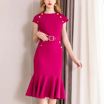 

2019 Summer Dress Solid Color Elegant Bag Hip Belt Short Sleeve Round Neck Fishtail Dress Shenzhen Women's Wear
