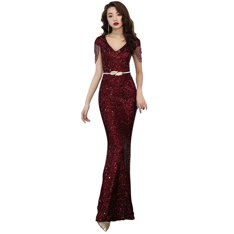 

Evening Dress Sexy V-neck Sequin Robe De Soiree 2019 Beading Women Party Dresses Short Sleeve Elegant Formal Evening Gowns F086
