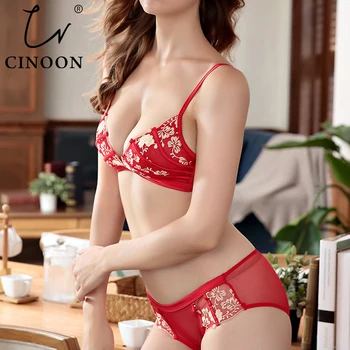 

CINOON Ultra-thin underwear sexy lace Embroidery without Steel ring side of the Comfortable Breathable Triangle cup bra set