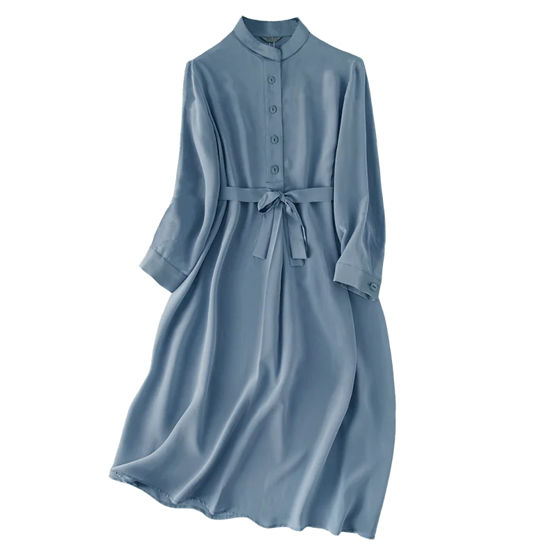 

2020, spring-summer women silk shirt dress, elegant, MIDI, blue, korean, vintage, vestidos de Verano a1108 kj4340