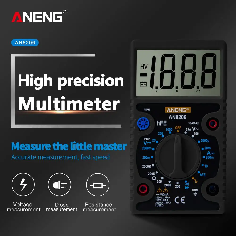 AN8206 Mini Digital Multimeter Buzzer Square Wave Output Ampere Voltage