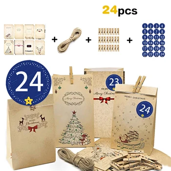 

24Pcs Christmas Gift Kraft Paper Storage Bag Set Party Hanging Decorative Candy Goodie Bags