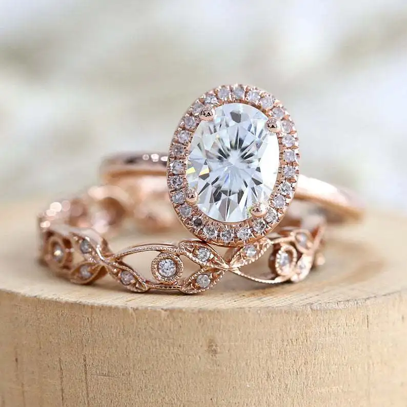 

Exquisite Rose Gold Wedding Ring Set Oval Zircon Bridal Ring Engagement Jewelry Leaf Crystal Rings Anniversary Gift Fine Jewelry