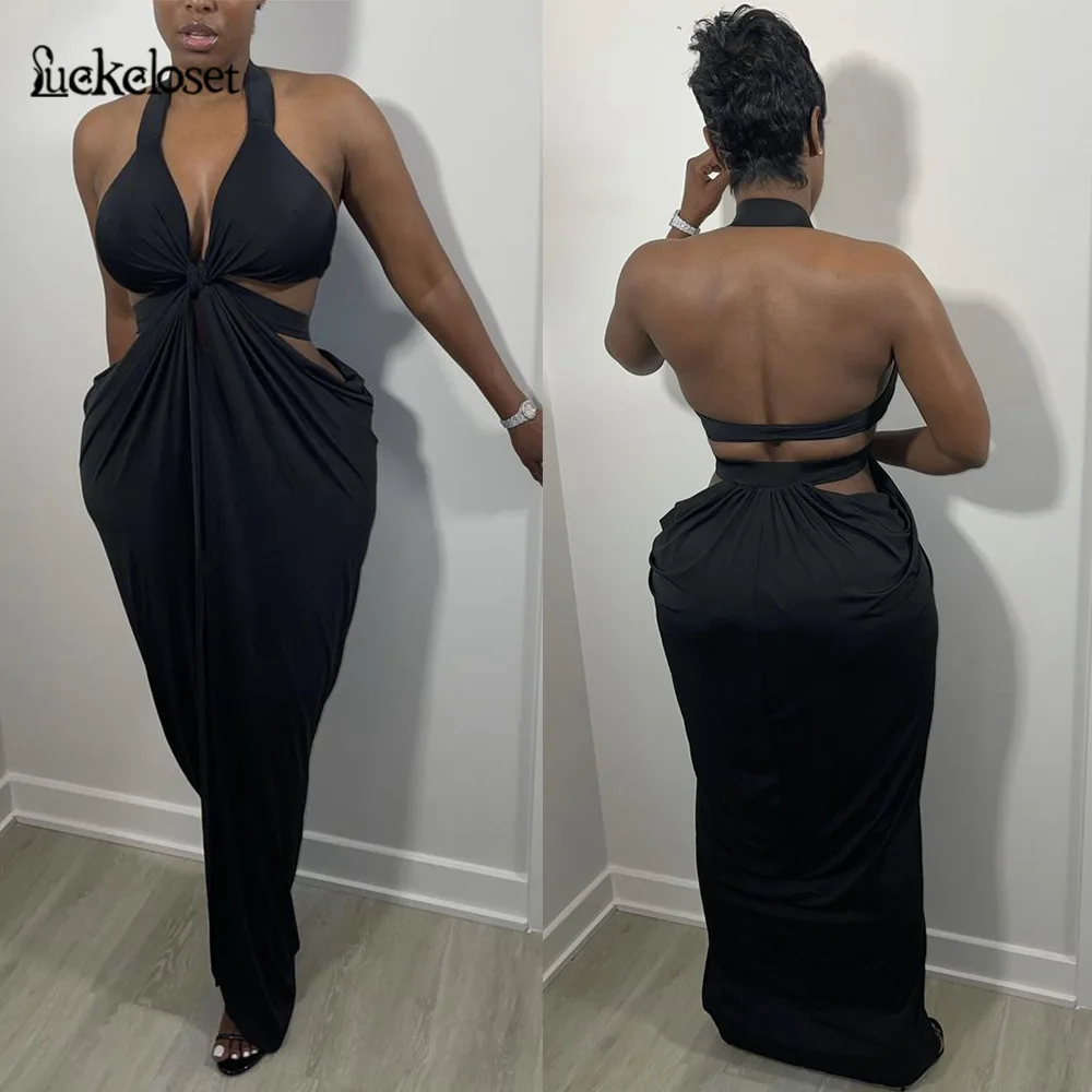 

2021 Summer Fashion Halter Ruched Dress Deep V Neck High Slit Nightclub Bodycon Sleeveless Bodycon Party Maxi Dresses