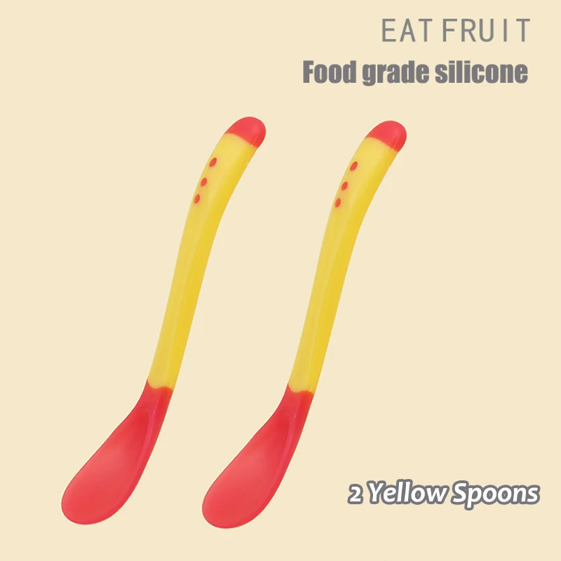 Yellow Spoon 2 шт Детская Ложка силиконовая безопасная подача столовые приборы ложка с датчиком температуры и вилкой силикон - Цвет: Yellow Spoon