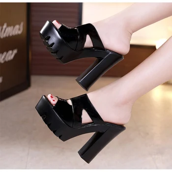

Woman Sandals Shoes Slippers Patent leather 13CM Fashion super High Thick heel Heel Fish Mouth Sexy Comfortable Slippers