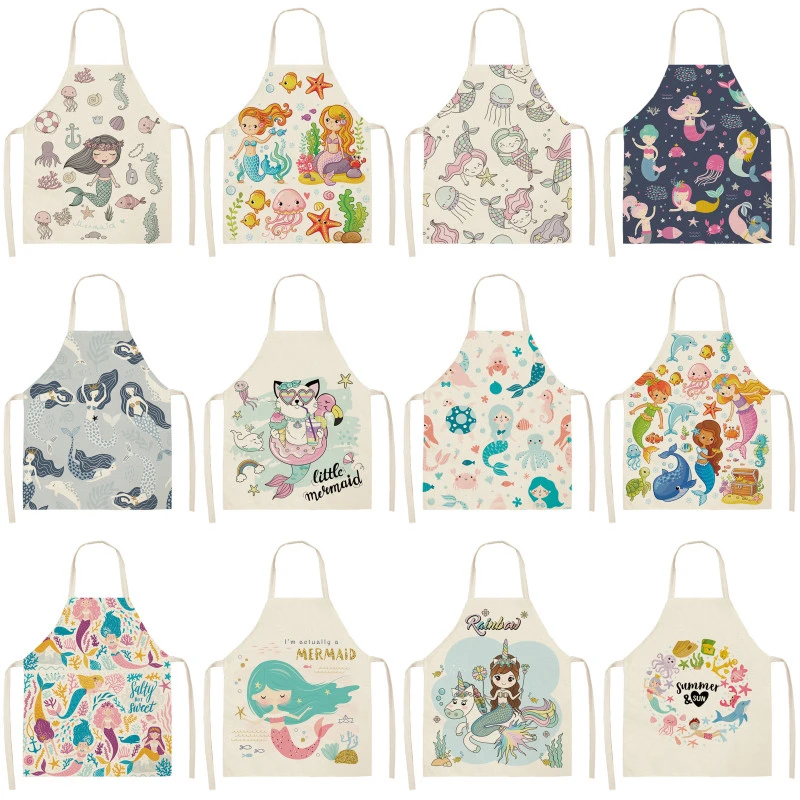 Kawaii Girl Mermaid Printed Sleeveless Aprons Kitchen Women Cotton Linen Pinafore Home Cooking Baking Waist Bib 53*65cm WQL0157