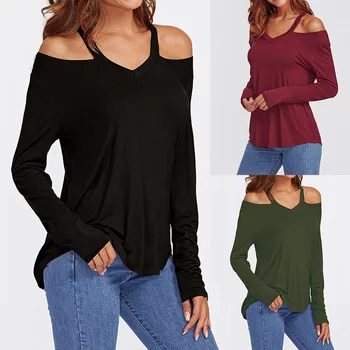 

Fashion Women Long Sleeve Blouse Plus size Sexy Cold Shoulder Halter Shirt Casual V-Neck Shirts Women Winter Fall Clothes 2019