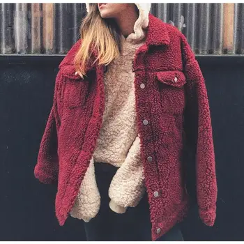 

2019 Women Casual Teddy Shaggy Faux Fur Outwear Turndown Colloar Winter Coats Solid Single Breasted Warm Jackets