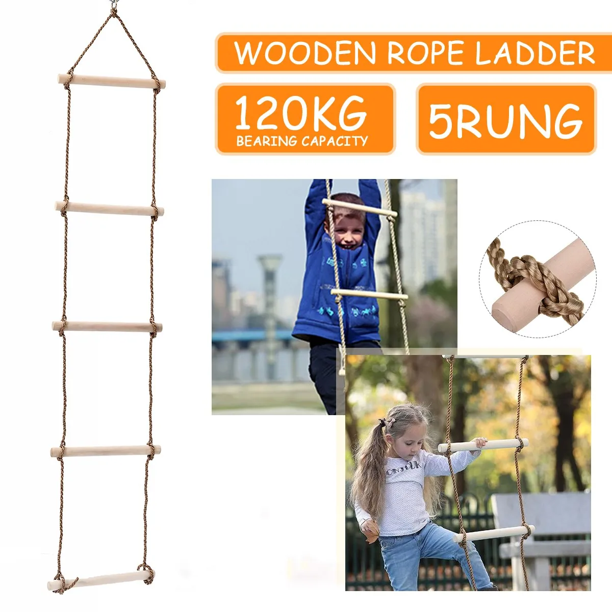 Wooden 5 Rungs Rope Climbing Ladder Swing Toy Outdoor Playgrounds Children Kids 