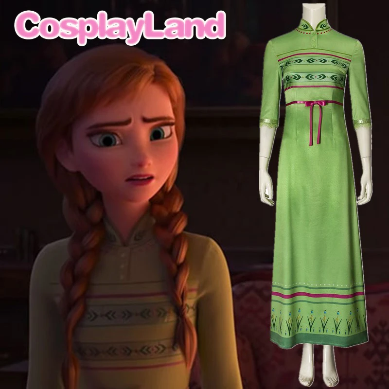 

Movie Anna Dress Carnival Halloween Costumes Princess Elsa Anna Cosplay Costume Printing Green Elegant Fancy Nightgown Pajamas