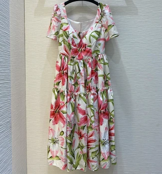 

high quality women runway floral printed Dresses 2020 Summer short sleeve Elegant Designer square collar midi Dress S174