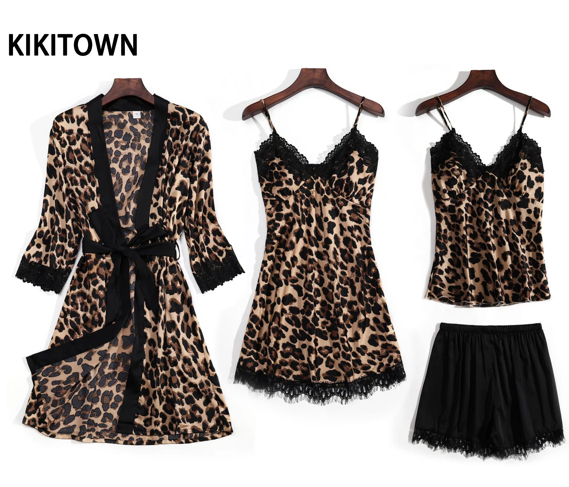 

New Fashion 4 Piece Pajamas Set Leopard Print Woman Sleepwear Artificial Silk Sling Robe With Chest Pad Sleepwear