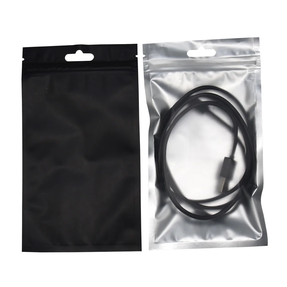 

50pcs/lot Matte Black Aluminum Foil Clear Plastic Bag with Zipper Zip Lock Resealable Translucent Package Bag with Hang Hole