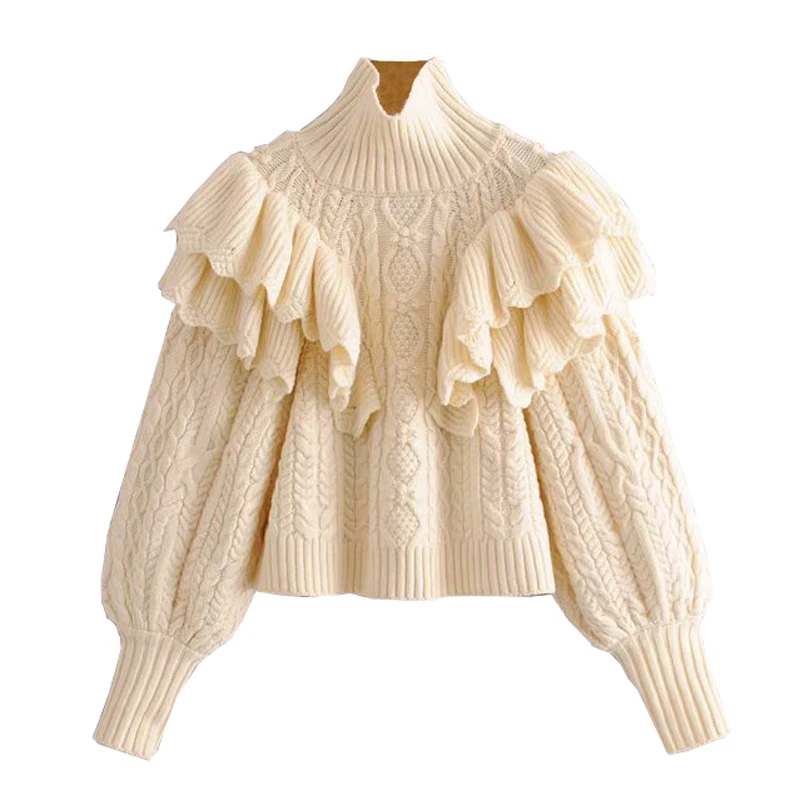 

Solid Cascading Ruffle Sweaters Women Fashion Turtleneck Sweater Women Elegant Puff Sleeve Sweaters Female Ladies JAD