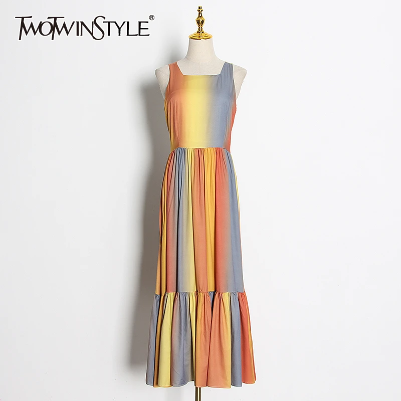 TWOTWINSTYLE Casual Hit Color Women Dress Square Collar Sleeveless High Waist Ruched Maxi Dresses Female Clothes Fashion Tide TWOTWINSTYLE Casual Hit Color Women Dress Square Collar Sleeveless High Waist Ruched Maxi Dresses Female Clothes Fashion Tide