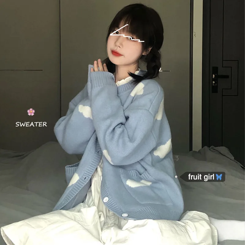 

Sweet blue sky white cloud knitted cardigan women autumn winter loose collar Girl Sweater Coat