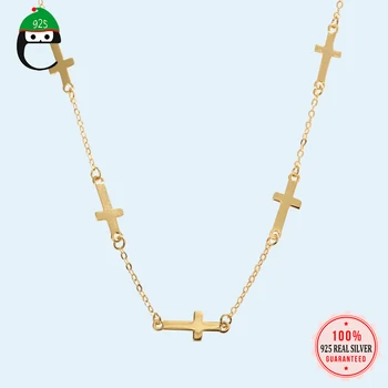 

Cross Necklace Genuine 925 Sterling Silver Jewelry High Class Gold Tone Linked Crosee Pendant Girls Gift For Women DS1776