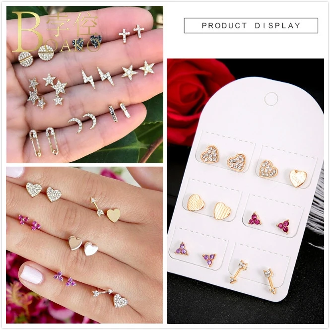 BOAKO, корейский комплект Сережки для пирсинга со стразами, маленькие крошечные серьги для девочек, звезда, сердце, серьги-гвоздики, набор, вырезанные Aretes Z5