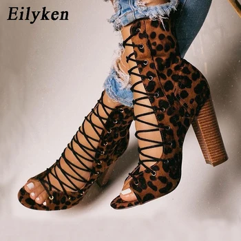 

Eilyen 2020 New Roman Gladiator Sandals Booties Fashion Leopard grain PeepToe Hollow Cross Strap Ankle Lace-Up Thick Heel Shoe