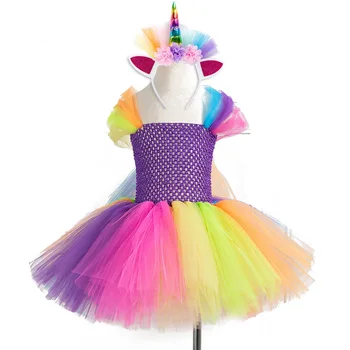 

Girls Mesh Rainbow Tutu Dress with Unicorn Headband Princess Party Floral Dresses Children Embroidery Ball Gown Costumes