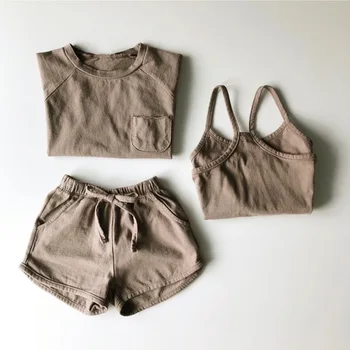

Summer 2019 Korean children's wear e boys and girls three-piece condole belt multicolor cotton shorts set