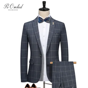 

PEORCHID Plaid Business Suit Men Formal Tuxedo Groom Wedding Suits Traje Vintage Hombre Slim Fit One Button 2 Piece Suit