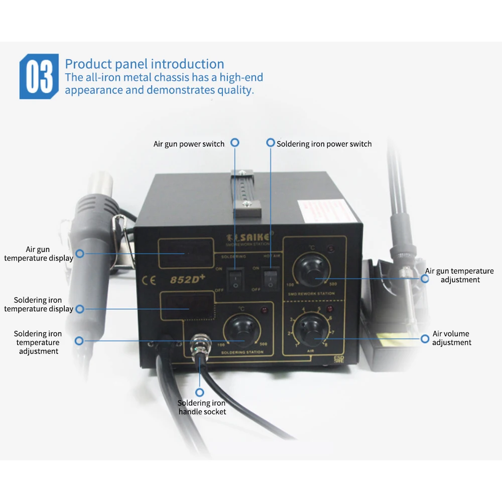 

Hot air soldering station SAIKE 852D+ Hot air gun and soldering iron 2 in 1
